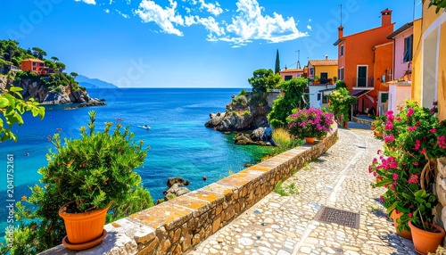 A picturesque Mediterranean seaside village under bright summer sunshine, colorful architecture, and cobblestone streets