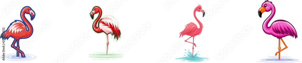 Fototapeta premium A cheerful pink flamingo stands gracefully on one leg in vibrant water, rendered with bold clean lines and high contrast for vector tracing