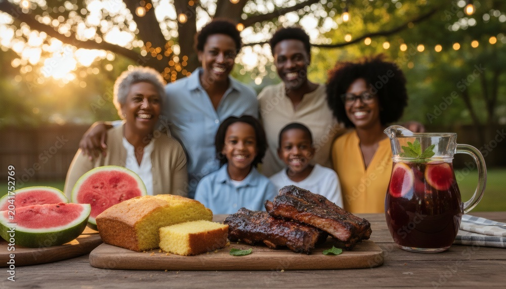 Obraz premium Happy African American family having a backyard barbecue celebration for Juneteenth concept with delicious soul food, cornbread, watermelon and ribs in warm sunset light
