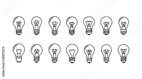 Row of hand-drawn light bulbs with filament illuminated during conceptualization