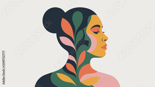 Vibrant illustration of a womans head with leaves and flowers growing out of her skin, symbolizing growth and harmony with nature