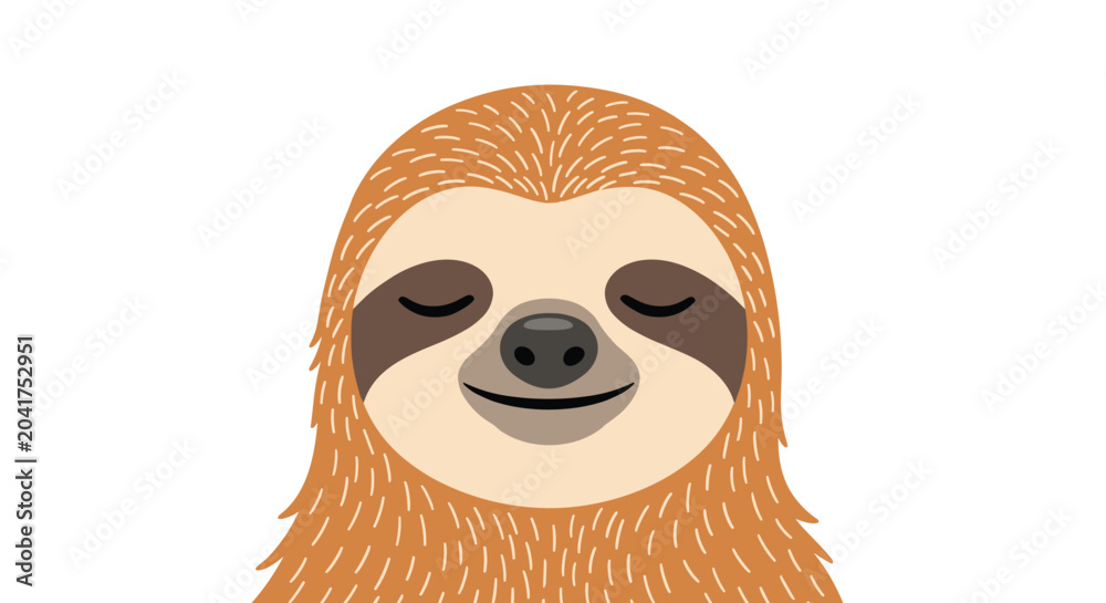 Obraz premium Close-up face of an incredibly peaceful sloth with soft brown fur and a calm smiling expression against a clean white background.