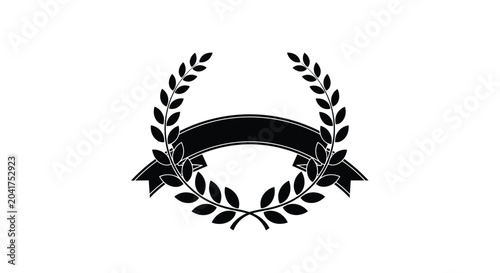 Classic black laurel wreath with an arched ribbon banner in the center creating a symbolic badge for achievement or victory.