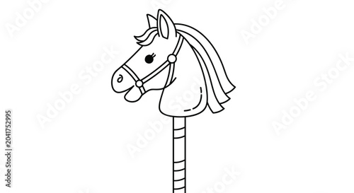 Simple black and white line drawing of a toy hobby horse head on a stick with a mane and bridle for kids to color in a book.