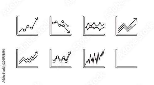 Set of simple line graphs showing various data trends and growth patterns on white background