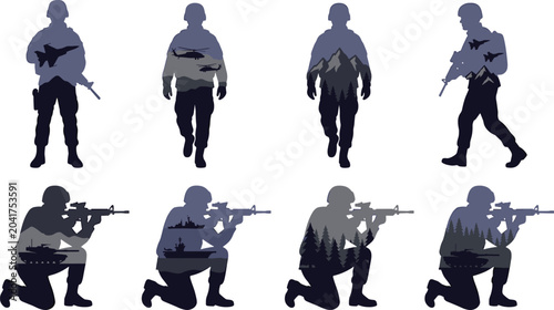 Foto Camouflage Military Soldier Silhouette Set with Armed Combat Personnel Tactical