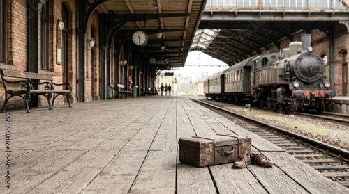 Vintage travel scene with suitcase and shoes on rustic train station platform