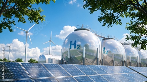 Modern renewable energy plant featuring solar panels, wind turbines and hydrogen storage tanks under a clear blue sky.
