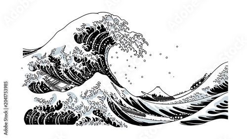 Monochrome illustration of a large wave, curling over smaller ones, mountains in the distance