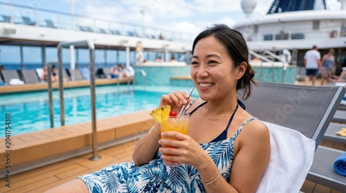 Relaxing poolside getaway with refreshing drink on luxurious cruise holiday with blue sky background