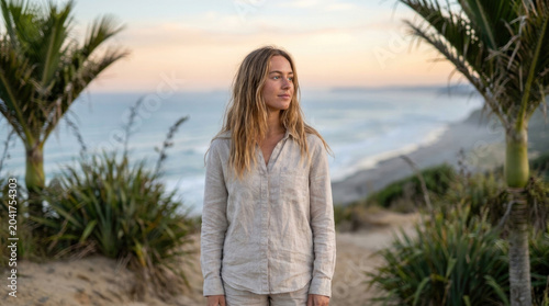 Tranquil woman enjoying ocean sunset amidst tropical beach scenery