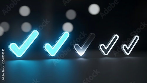 Neon checkmarks glowing in various sizes against a dark, blurred background