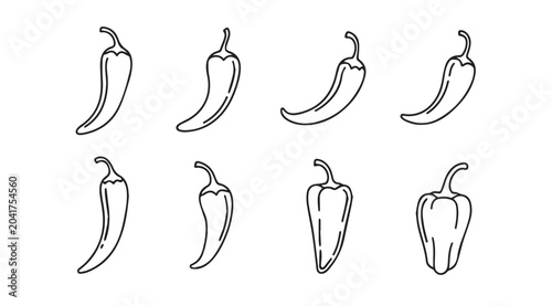 Variety of chili peppers illustrated in a clean line art style on a white background