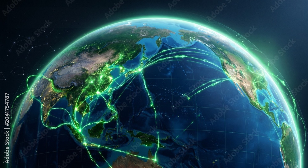 Fototapeta premium Global maritime network and digital twin concept showing green data lines connecting shipping routes across the Pacific ocean from Asia to North America