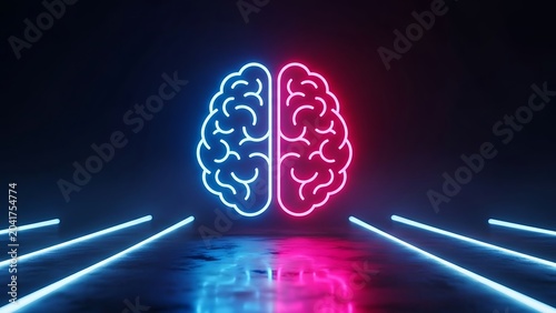 Neon-outlined brain divided into blue and red halves, set against dark background with linear lights