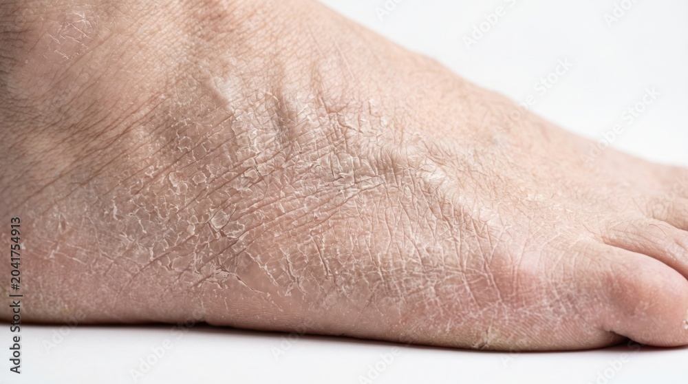 Fototapeta premium Dry skin on the foot of a man. Skin condition with red flaky texture indicating dehydration or dermatitis. Concept of foot care, health problem, skincare treatment and dermatology.