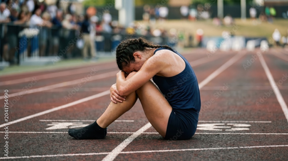 Naklejka premium Woman athlete sitting on running track after competition. Upset girl resting on field after race. Failure, exhaustion and mental struggle in sport. Professional sports training concept.