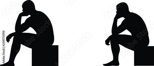 Photos Man thinking silhouette sitting on block, contemplating with hand on chin, deep thought concept on transparent background