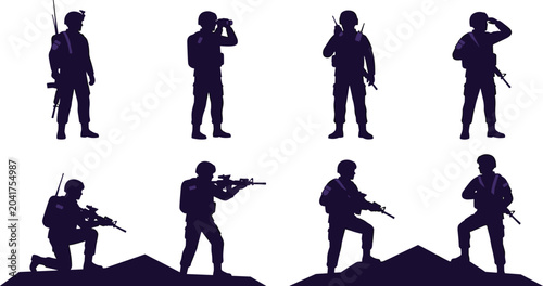 Bild auf Leinwand Military Soldier Silhouette Collection with Armed Army Personnel Poses Tactical
