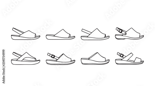 Various sandal styles illustrated in a clean line art drawing against a white background