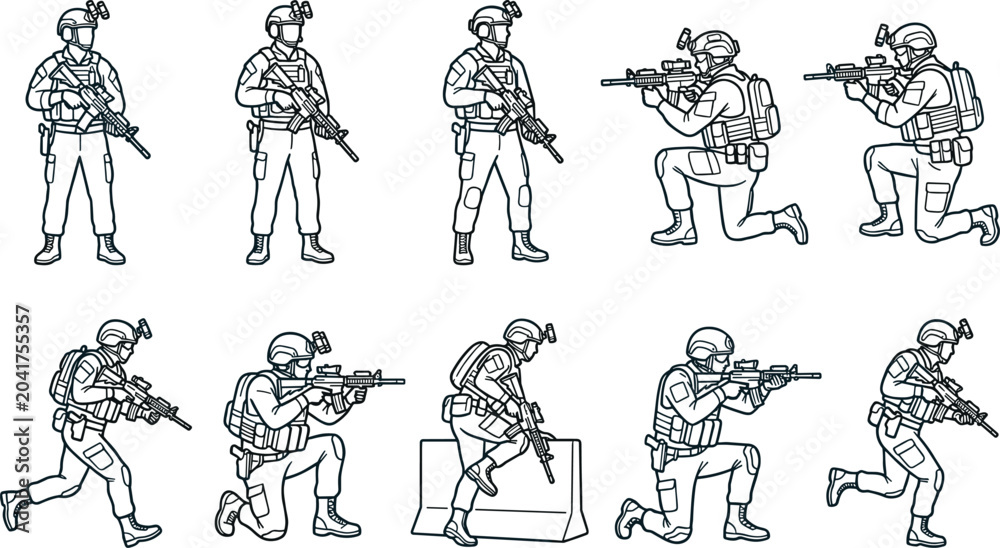 Fototapeta premium Military Tactical Soldier Line Art Collection with Combat Poses, Armed Forces Operations, and Security Training Vector Illustrations
