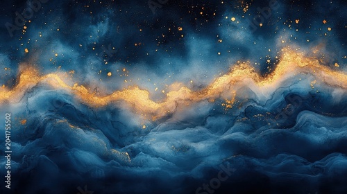 Abstract Textured Nebula Swirl With Golden Glitter And Blue Clouds Dramatic Lighting