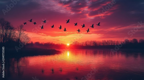 Flock of Birds Flying Over Serene Lake During Vibrant Red Sunset with Reflective Water and