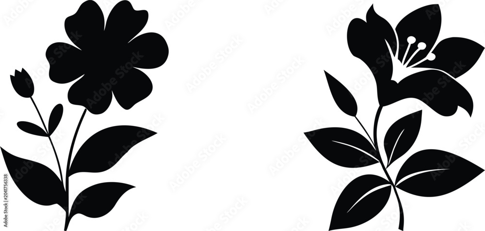 Obraz premium Floral silhouette set with blooming lily and wildflower stems isolated on transparent background for nature decoration.