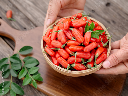 Quadro em tela Fresh Red Goji Berries Wolfberries in Wooden Bowl Healthy Superfood Harvest Disp