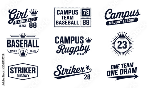 Vintage collegiate sports t-shirt logos and typography emblems vector set.