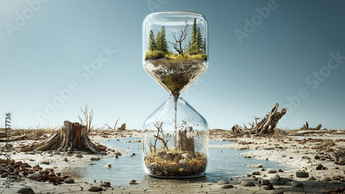 Hourglass with trees symbolizes environmental decay