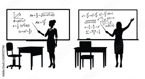 teacher at math whiteboard silhouette classroom education formula equation lecture