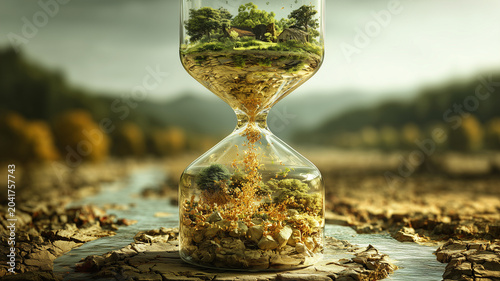Giant hourglass with landscape inside symbolizes time