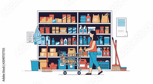 Woman with shopping cart in aisle of cleaning supplies and goods
