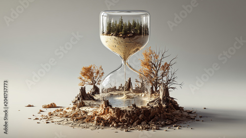 Hourglass with forest and barren landscape symbolizes time