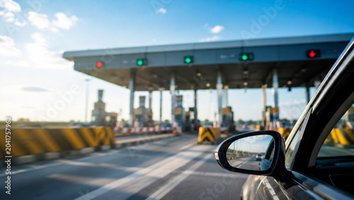 Car Driving Through Highway Toll Gate With Motion Blur and Green Signals