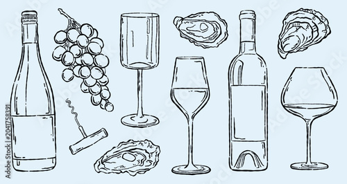 Foto Hand drawn wine and oysters illustration set