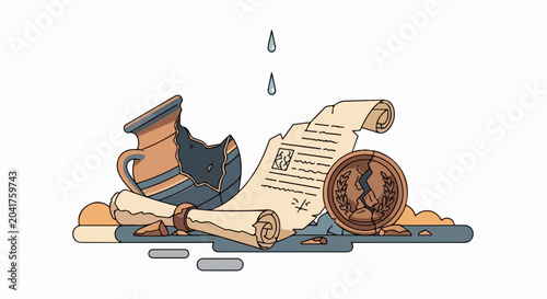 Vintage financial documents with coins, scroll, and inkwell on parchment paper. Historical money concept featuring rolled parchment, gold coins, and quill pen. Illustration for business, investment,