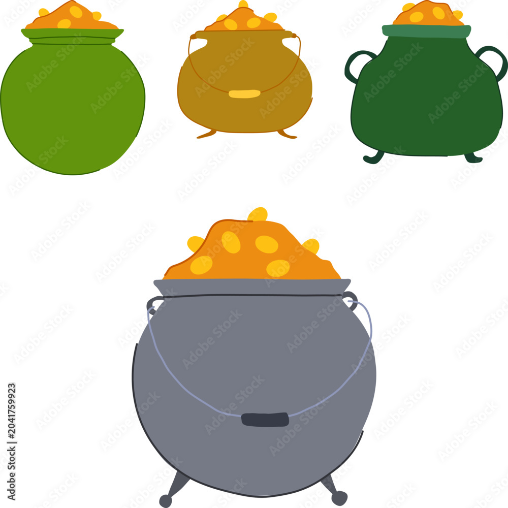 Obraz premium Four colorful pots overflowing with golden coins, illustrating concepts of wealth, luck, celebration, and irish tradition, perfect for holiday greetings and financial themes