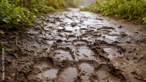 disorganized. Close-up of a muddy path after rain, showing disorganized footprints in wet earth. tutorial guides, club newsletters, designed for sports & leisure club marketing, used by radiologists.