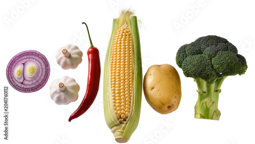 Tableau sur toile Red onion slice garlic chili pepper corn potato, and broccoli florets