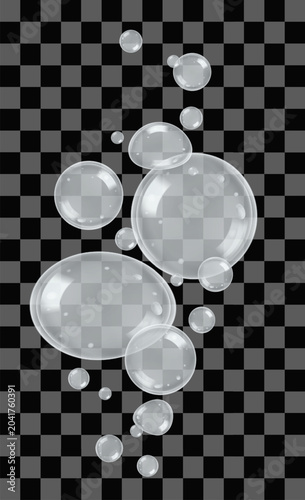 3D vector illustration of transparent water bubbles floating upwards in a vertical stream,glossy soap bubbles