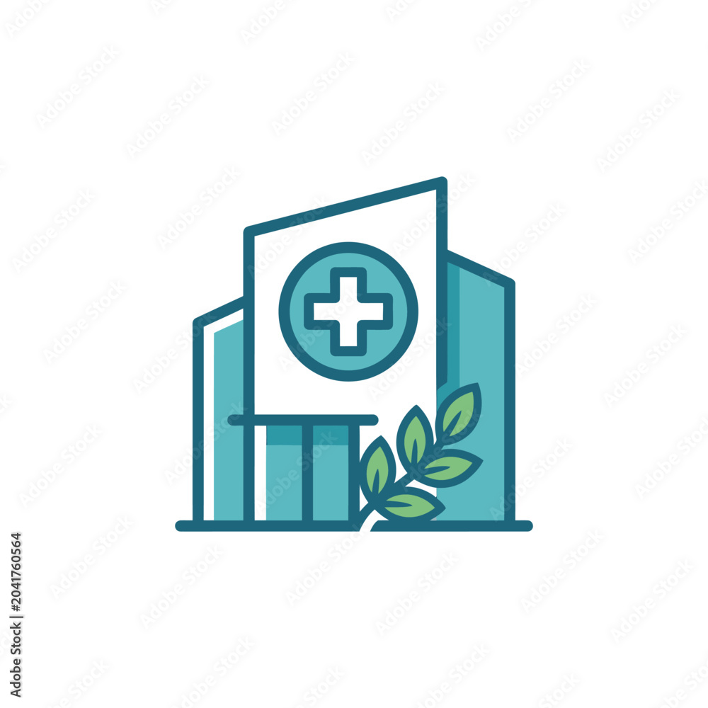 Fototapeta premium Modern hospital building icon with medical cross.