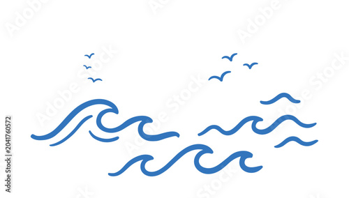 Ocean sea waves with flying birds isolated illustration in blue line art graphic style.