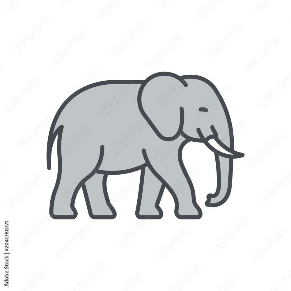 Fototapeta premium Simple gray elephant character illustration with thick outlines.