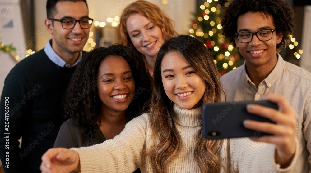 Fototapeta premium Diverse group of smiling colleagues taking collective selfie during office christmas party at night with lit tree and festive decorations