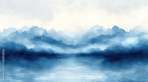 Misty Blue Mountain Range Reflecting in Calm Water Serene Landscape