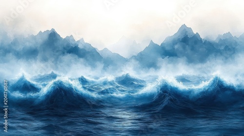 Abstract Blue Ocean Waves And Misty Mountain Peaks With Fog And Mist During Sunrise
