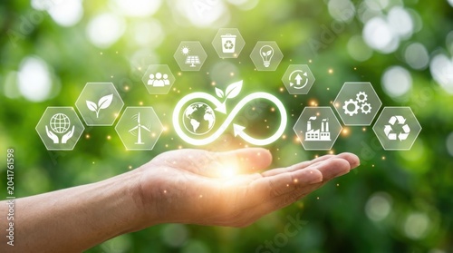 Sustainability concept circular economy illustration featuring human hand holding glowing infinity symbol with nature and industry icons floating above representing renewable