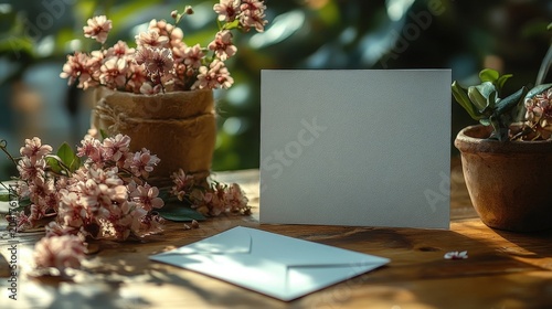 Delicate Pink Flowers And Envelope On Wooden Table With Soft Sunlight And Greenery Background